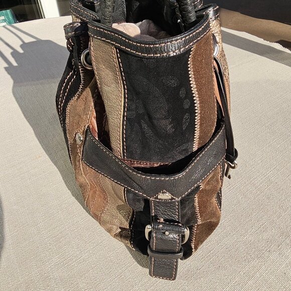 Fossil Vintage Bucket Bag, Satchel, Suede, Leather Patchwork Y2K Black and Brown - Picture 4 of 12